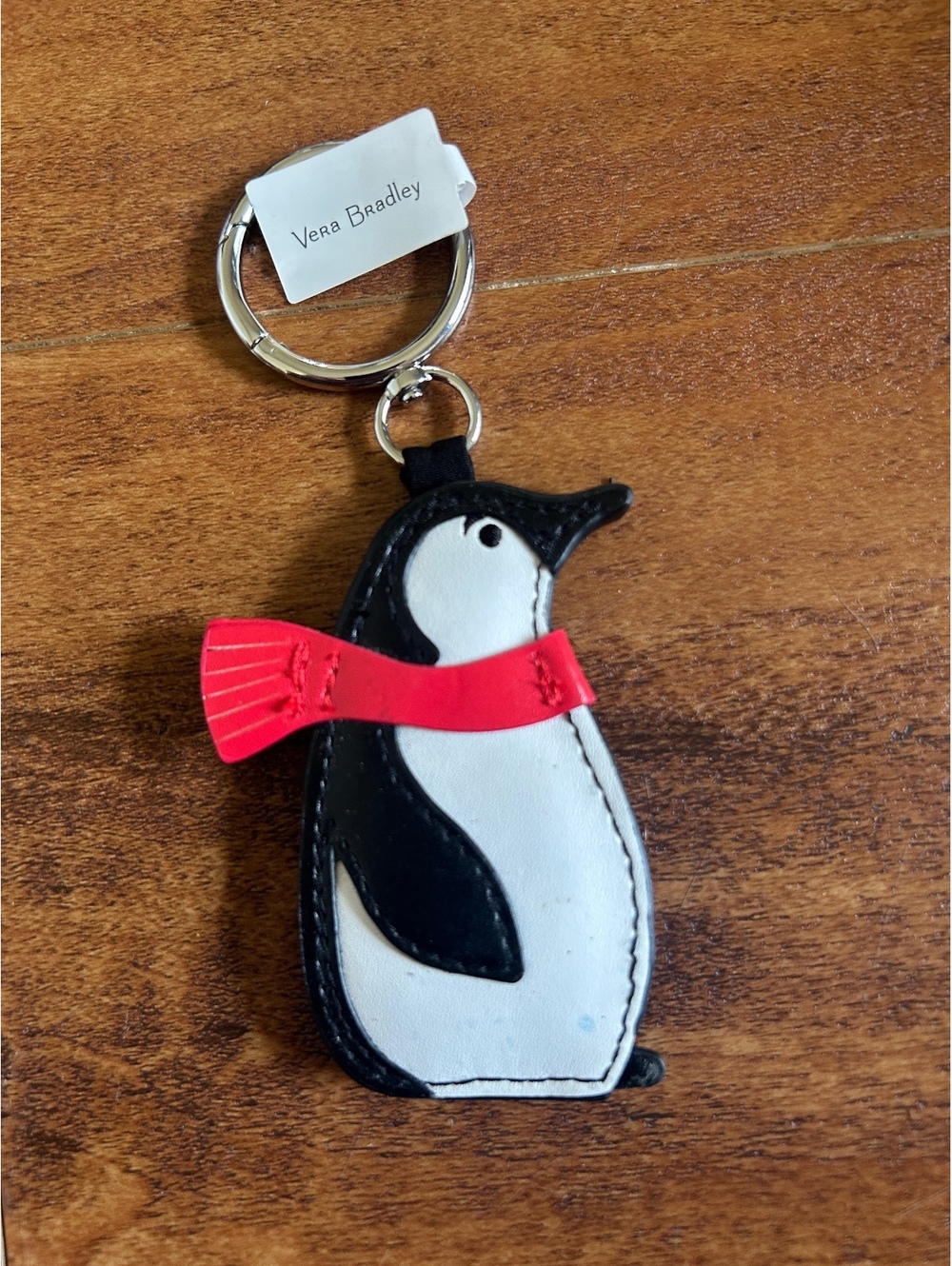 Vera Bradley Penguin Leather Keychain with Red Scarf